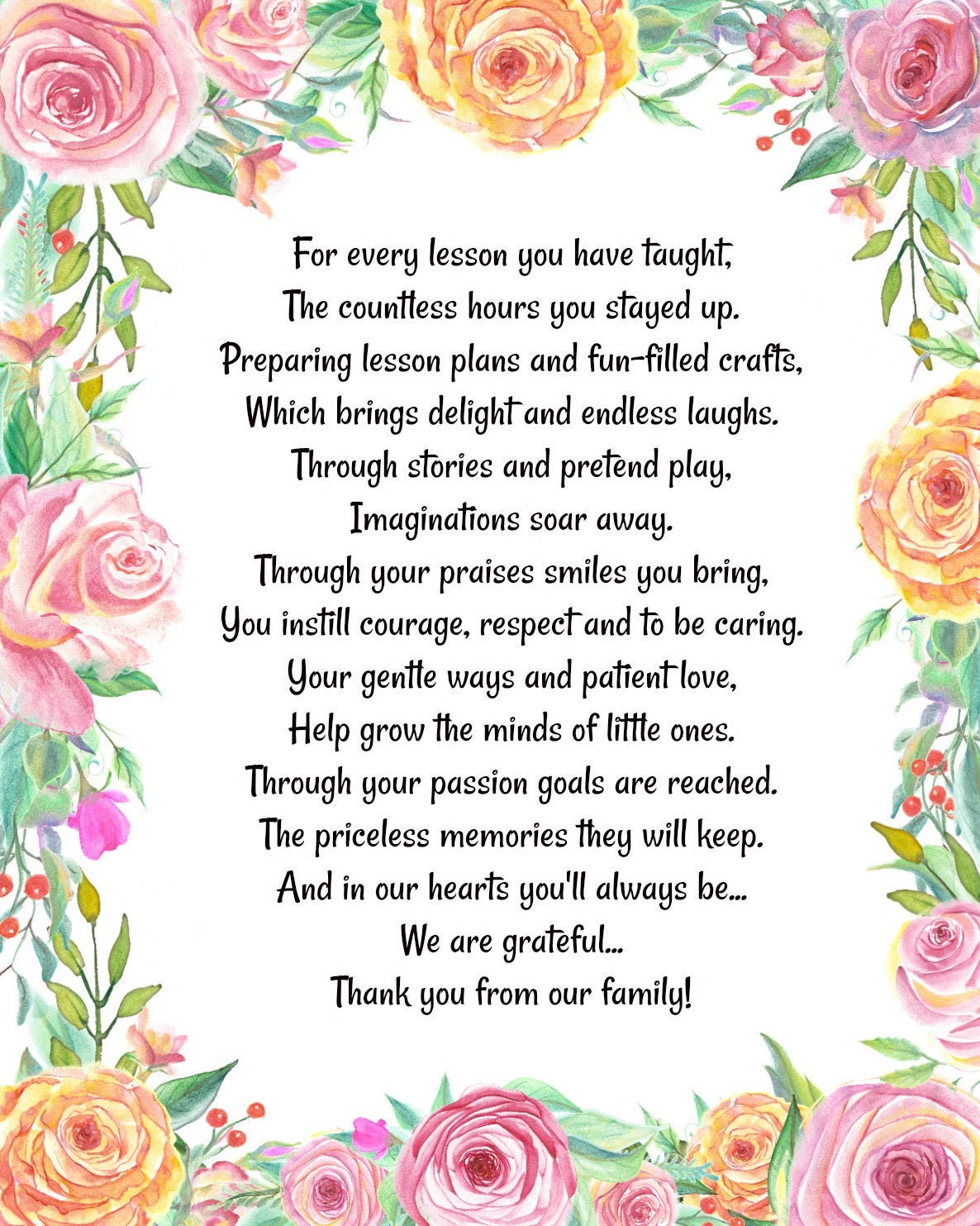 A MOTHER'S THANK YOU Poem Childcare Thank You Childcare - Etsy