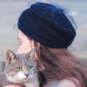 50s blue velvet and tulle net hat ruched velour pillbox hat with netting size 56 cm circumference tourban hat