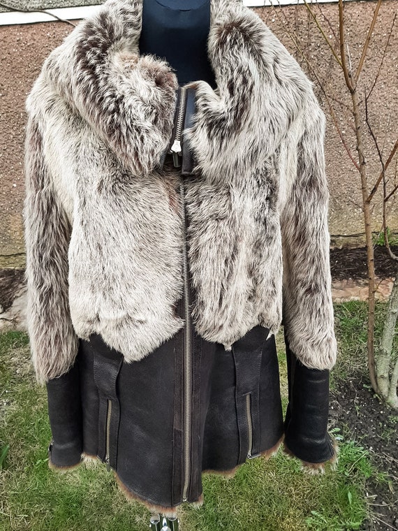 Y2k Natural Fur Bimaterial Coat Jacket With Leather and Fluffy Fur 
