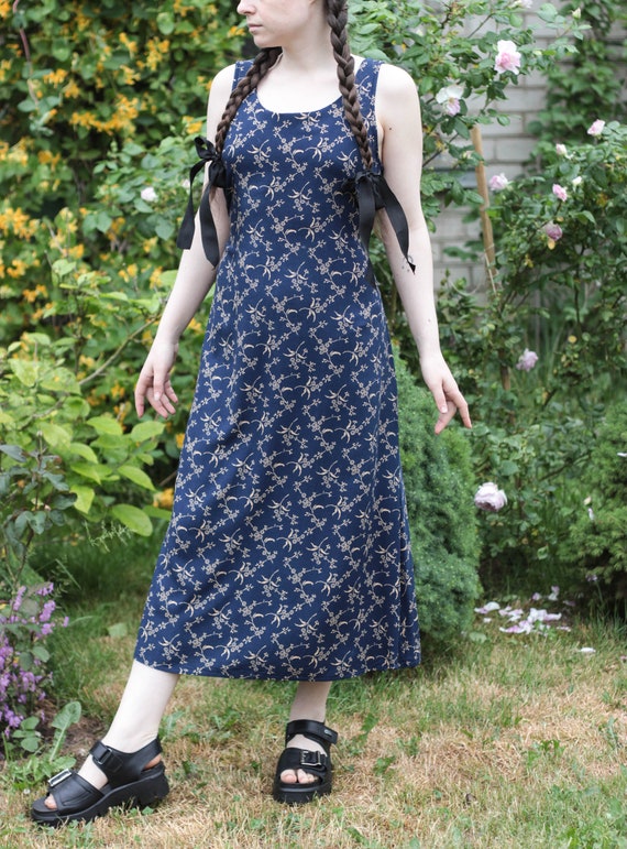 70s Floral Dress Cottagecore Dark Blue Floral Pinafore Dress Tie up Back Light Summer Dress Deep Blue Ditsy Gold Yellow Flowers Viscose Etsy Hong Kong