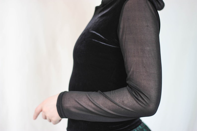 90s Black Velvet And Mesh Combo Top Hooded Goth Top Black Velvet Blouse Sheer Sleeve Gothic Top Dark Style Top Sheer Hooded Stretchy Velvet
