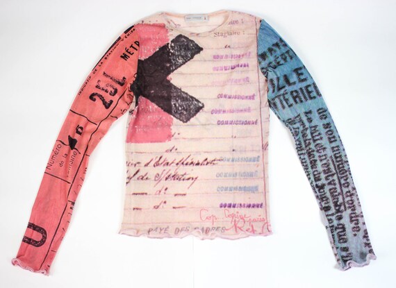 90s sheer mesh top abstract print mesh top handwri