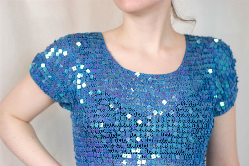 90s Knit Glitter Sequin Top Bright Blue Sequin Top Glitter Top Disco Top Sequin T Shirt