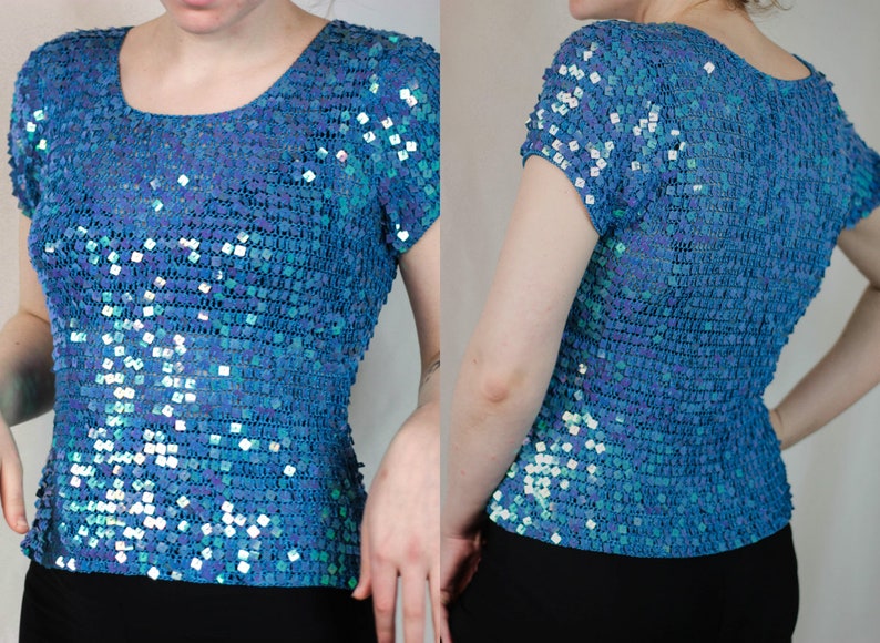 90s Knit Glitter Sequin Top Bright Blue Sequin Top Glitter Top Disco Top Sequin T Shirt