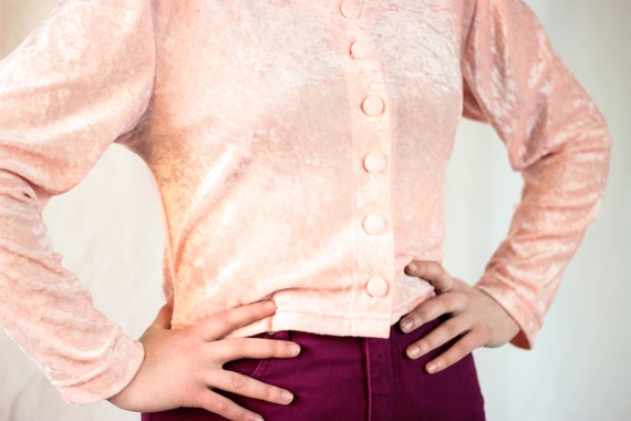 80s peach velvet top button down crop blouse - image 7