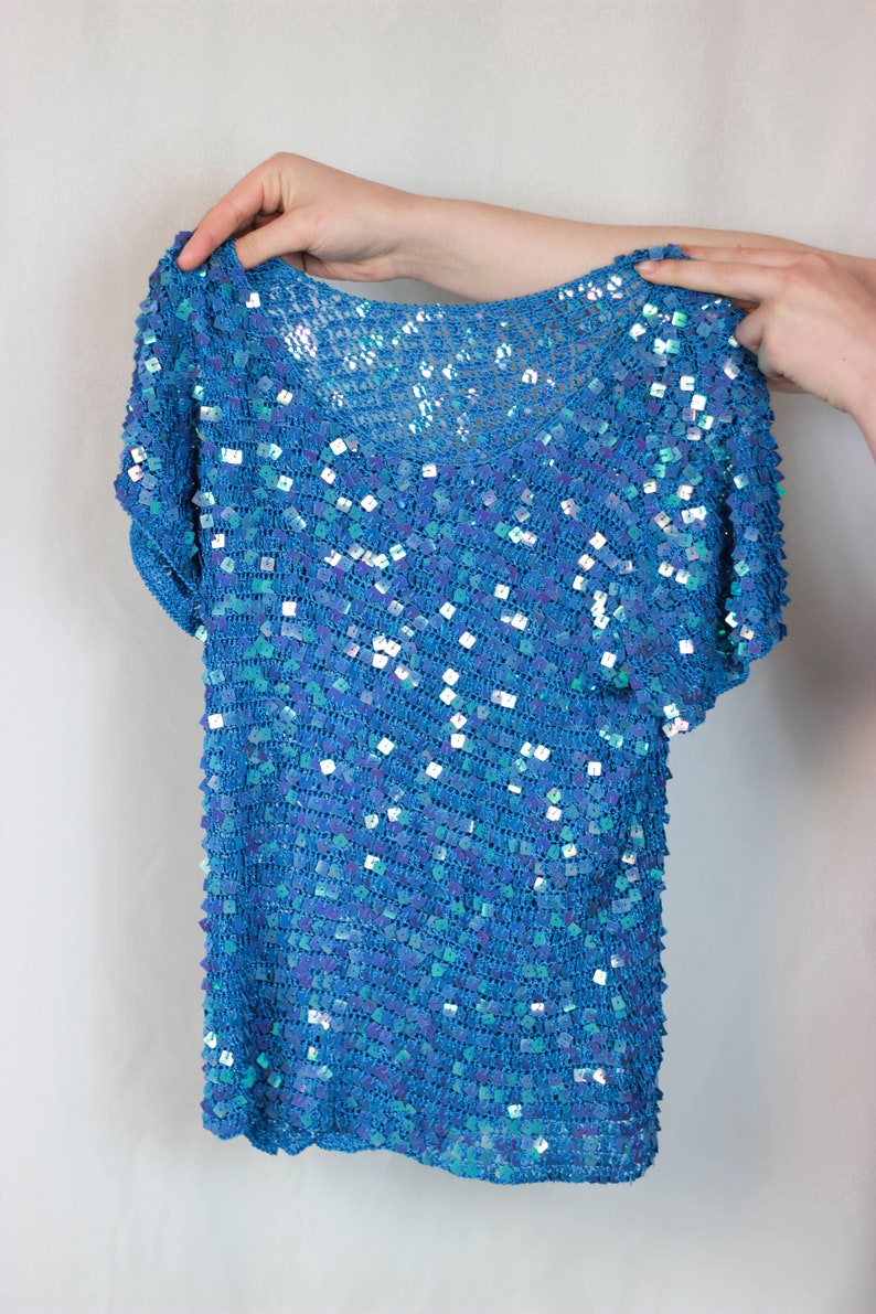 90s Knit Glitter Sequin Top Bright Blue Sequin Top Glitter Top Disco Top Sequin T Shirt