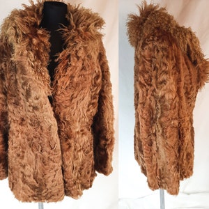 70s style curly caramel brown fur coat, big fluffy collar penny lane coat