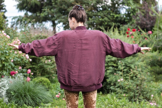 90s burgundy silk bomber jacket muted plum red bo