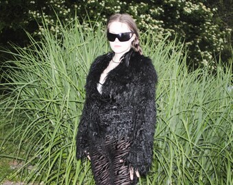 YVES SALOMON mongolian curly fur jacket on sheer chiffon - shaggy fringe jacket,  designer archive