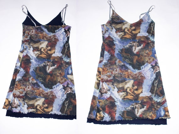 Vintage Y2K 90s angel print mesh dress sheer mesh