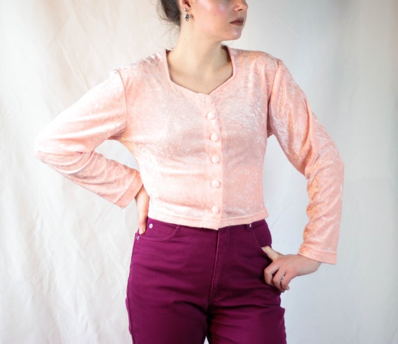 80s peach velvet top button down crop blouse - image 6