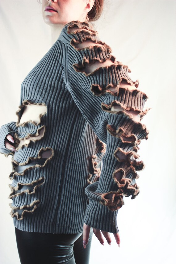 Distressed Punk Sweater Skeletun Jumper Ribcage Sweater