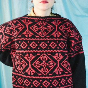 80s wool sweater thick wool red black pattern
