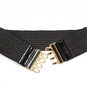 80s black and gold elastic belt  gold metallic lurex metal buckle belt goth belt  80s goth waist cincher waist belt