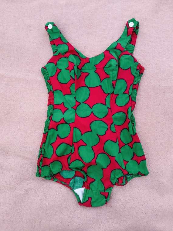 50s 60s swimsuit - vintage cotton swimsuit floral… - image 1