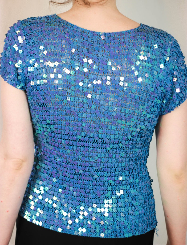 90s Knit Glitter Sequin Top Bright Blue Sequin Top Glitter Top Disco Top Sequin T Shirt
