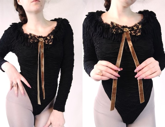 80s Bodysuit Victorian Style Top Leotard Black and Gold