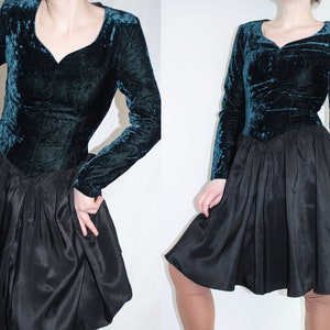 Stunning 80s gothic princess dress Vera Mont  grunge fairycore petrol blue viscose velvet black taffeta vintage goth goblincore witchy