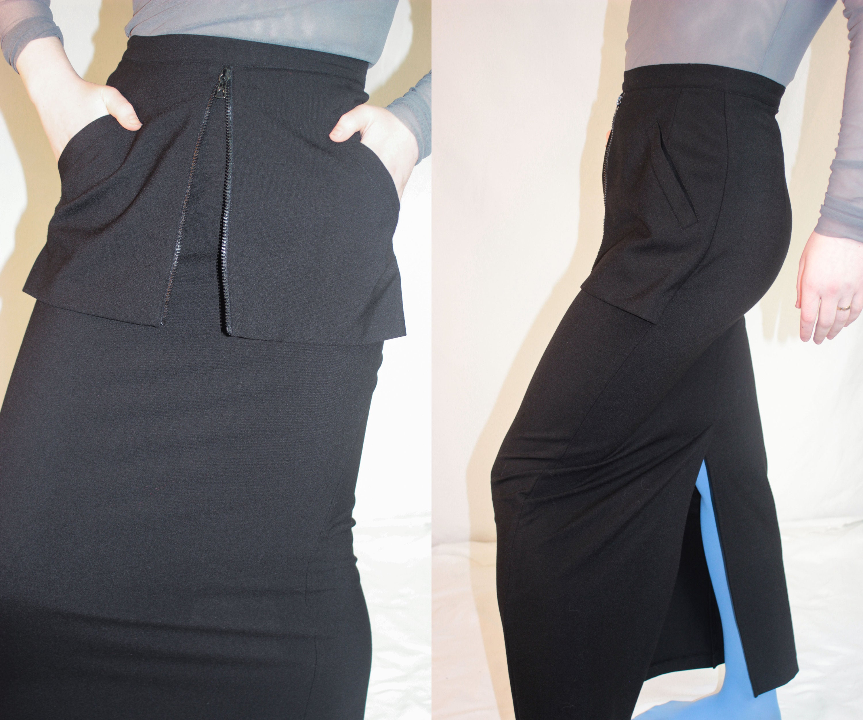 90s Black Long Straight Skirt Zipper Cyberpunk Style Miss Etam - Etsy