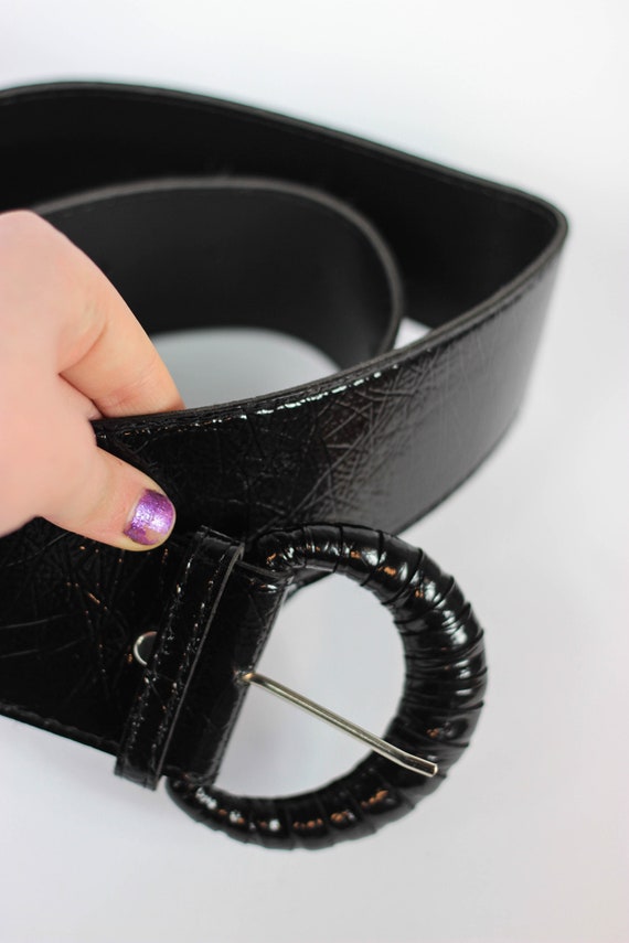 80's Black Wide Leather Belt Faux Leather Belt Fa… - image 7