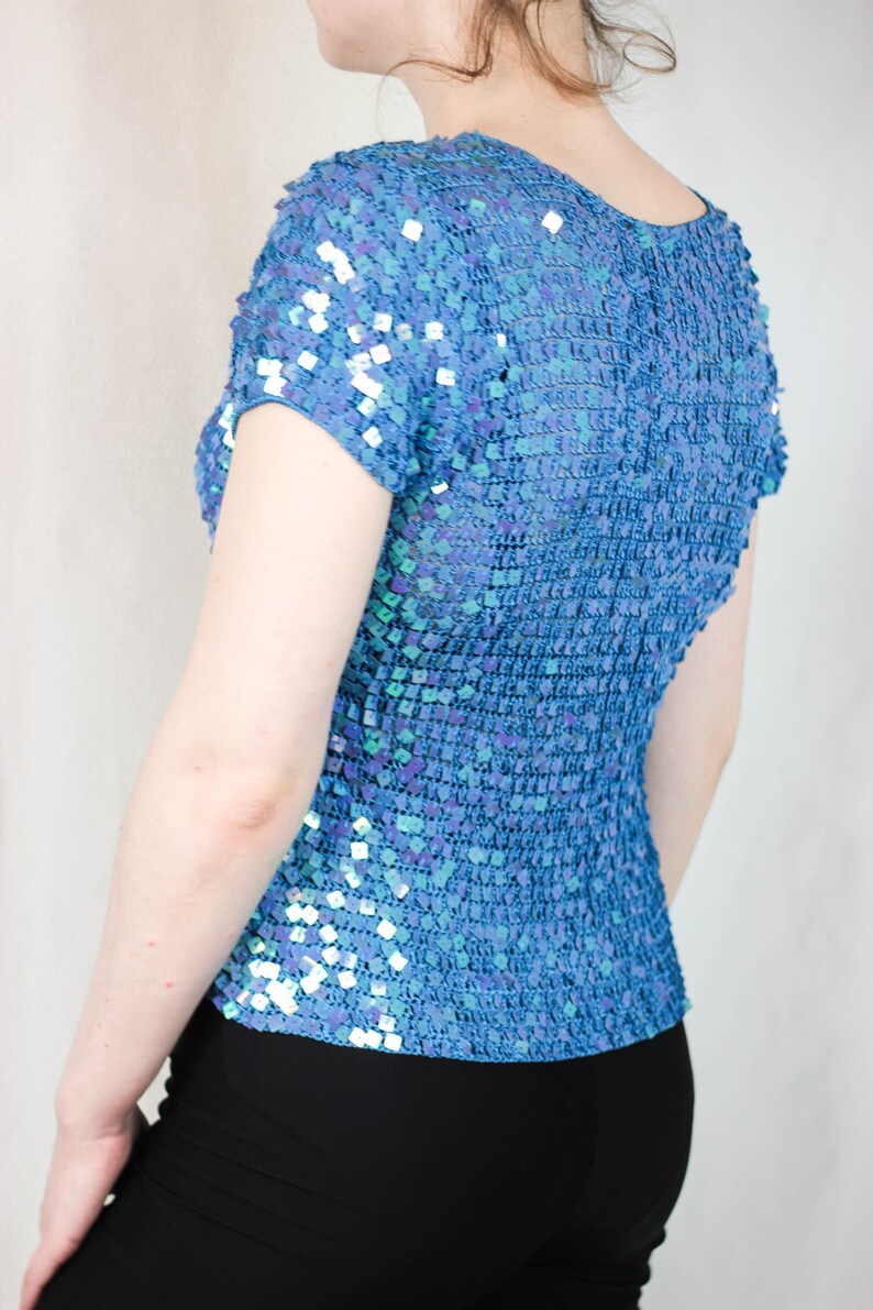 90s Knit Glitter Sequin Top Bright Blue Sequin Top Glitter Top Disco Top Sequin T Shirt