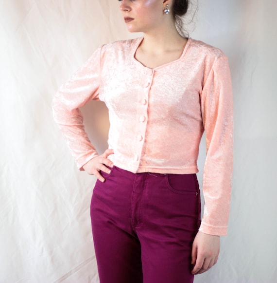 80s peach velvet top button down crop blouse - image 1