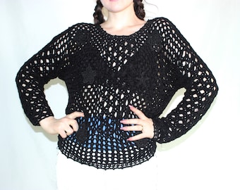 DarkVintageNest 90s Grunge Sweater Black Net Punk Sweater See Through Holes Gothic Top Goblincore Clothing