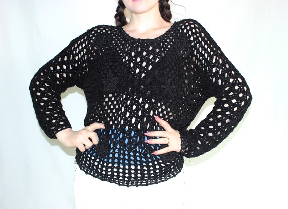90s Grunge Sweater Black Net Punk Sweater See Through Holes Gothic Top Goblincore Clothing