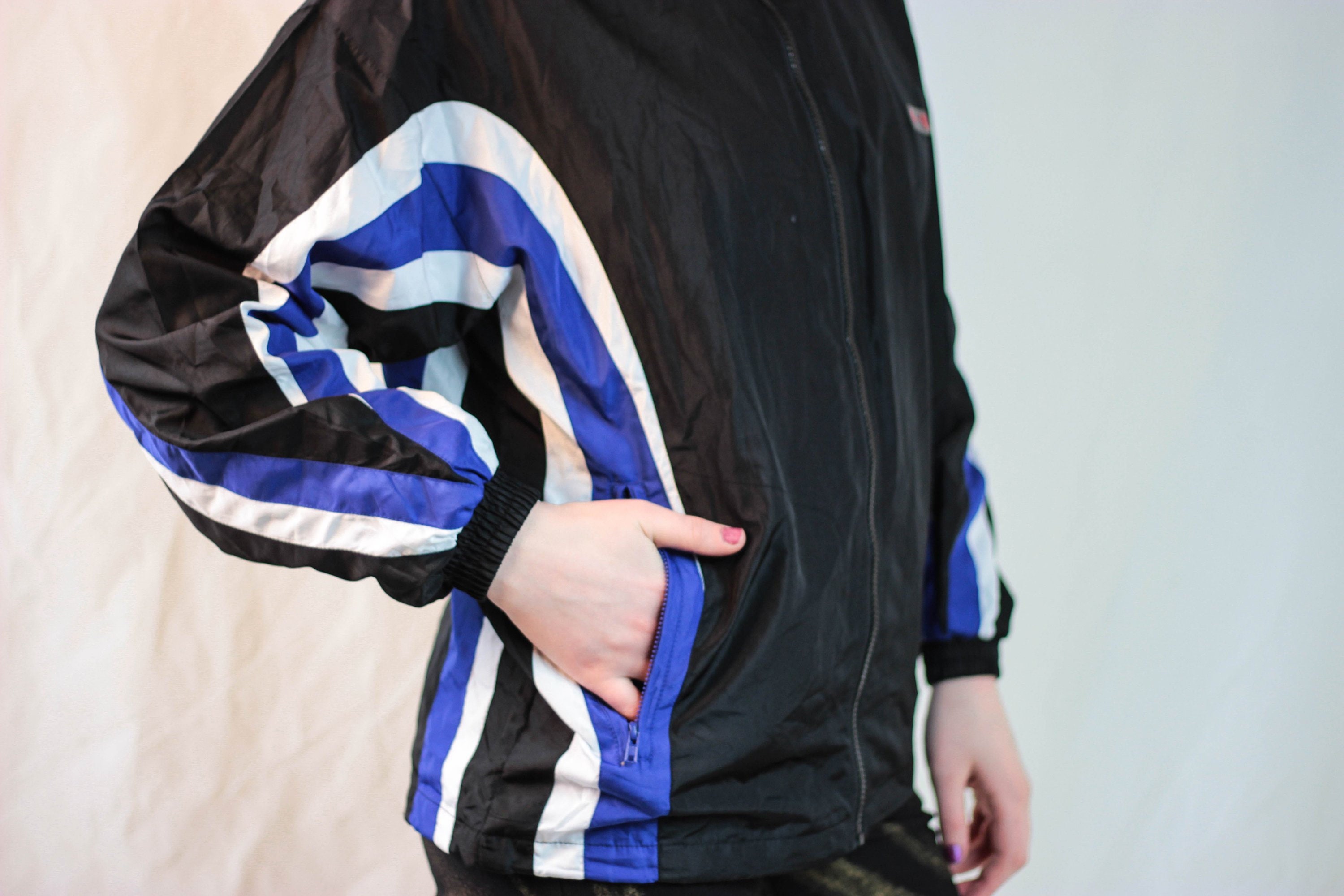 90's Sports Blazer Windbreaker Black Striped Blue and White 90's Sports Blazer Windbreaker Black Striped Blue and White
