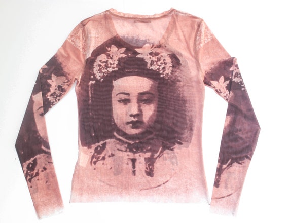 90s mesh top face print mesh top photograph print