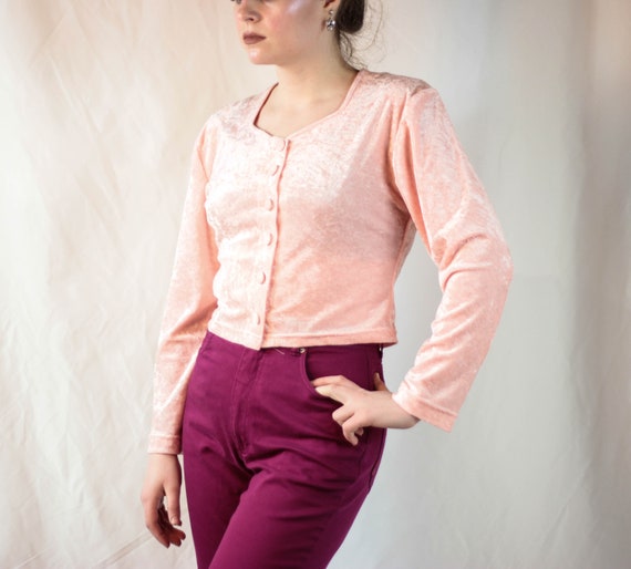 80s peach velvet top button down crop blouse - image 4