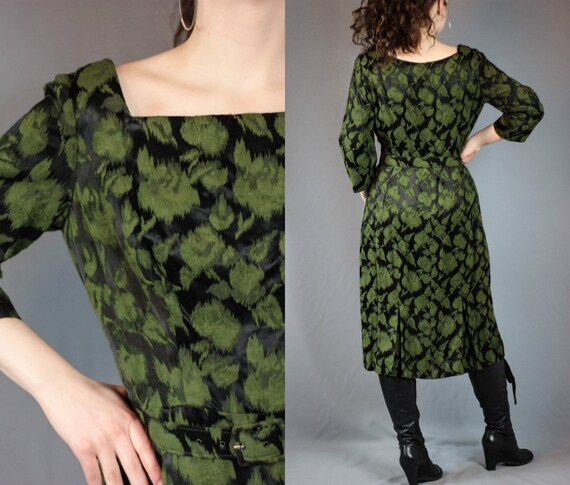 50s 60s Green Leaf Dress Black Green Jacquard Dres