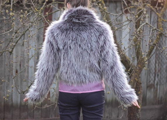 Vintage faux fur jacket fluffy fur coat purple gra