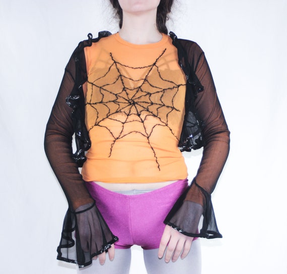 Orange Spiderweb Embroidery Mesh Top Longsleeve Crew Collar