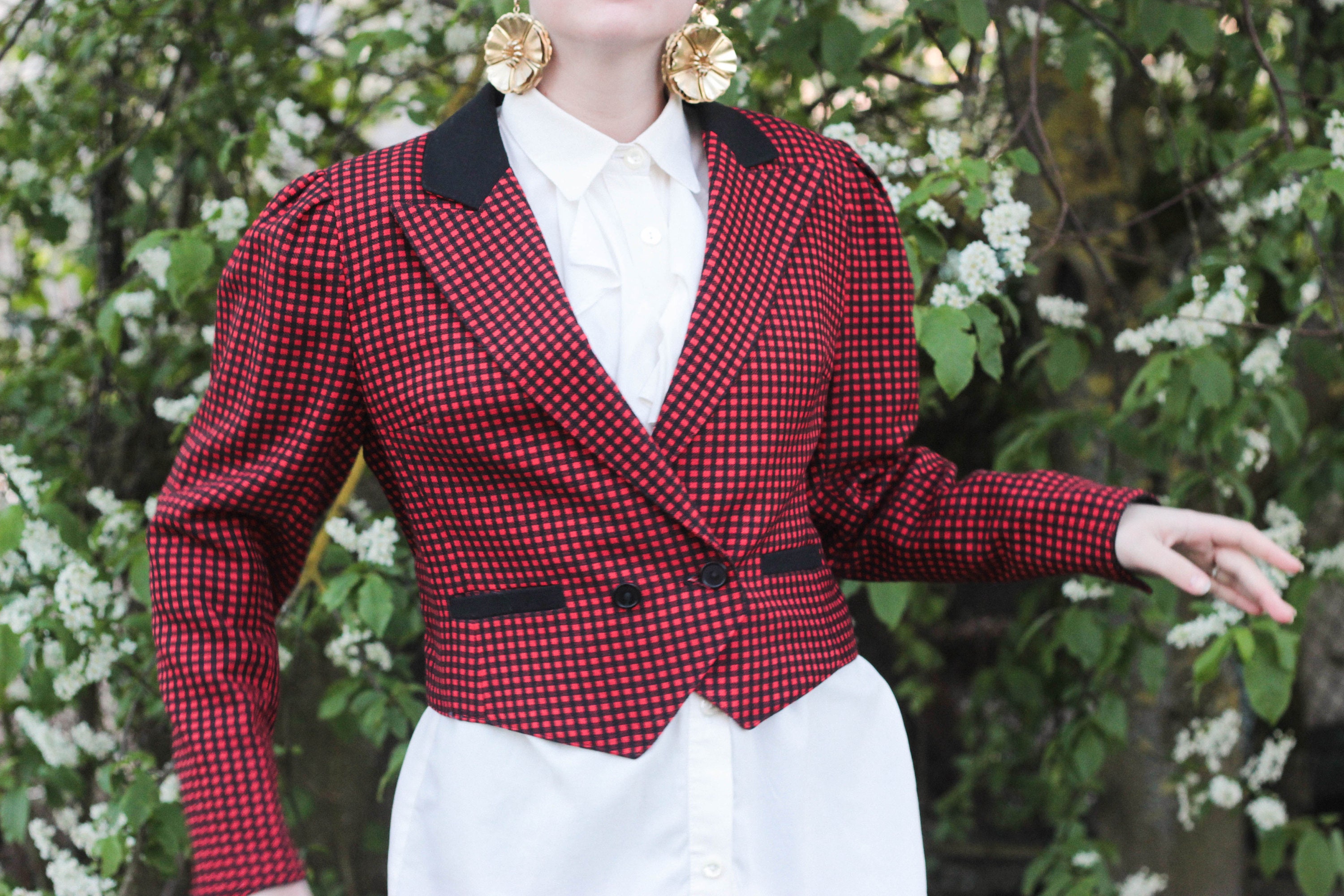 red plaid cropped jacket