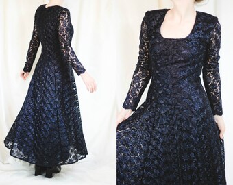 Elegant Vintage Guipure Dress Blue Black Lace Dress Fitted Maxi Lace Dress 80s 90s Elegant Formal Dress Vintage Lace Dress Square Collar