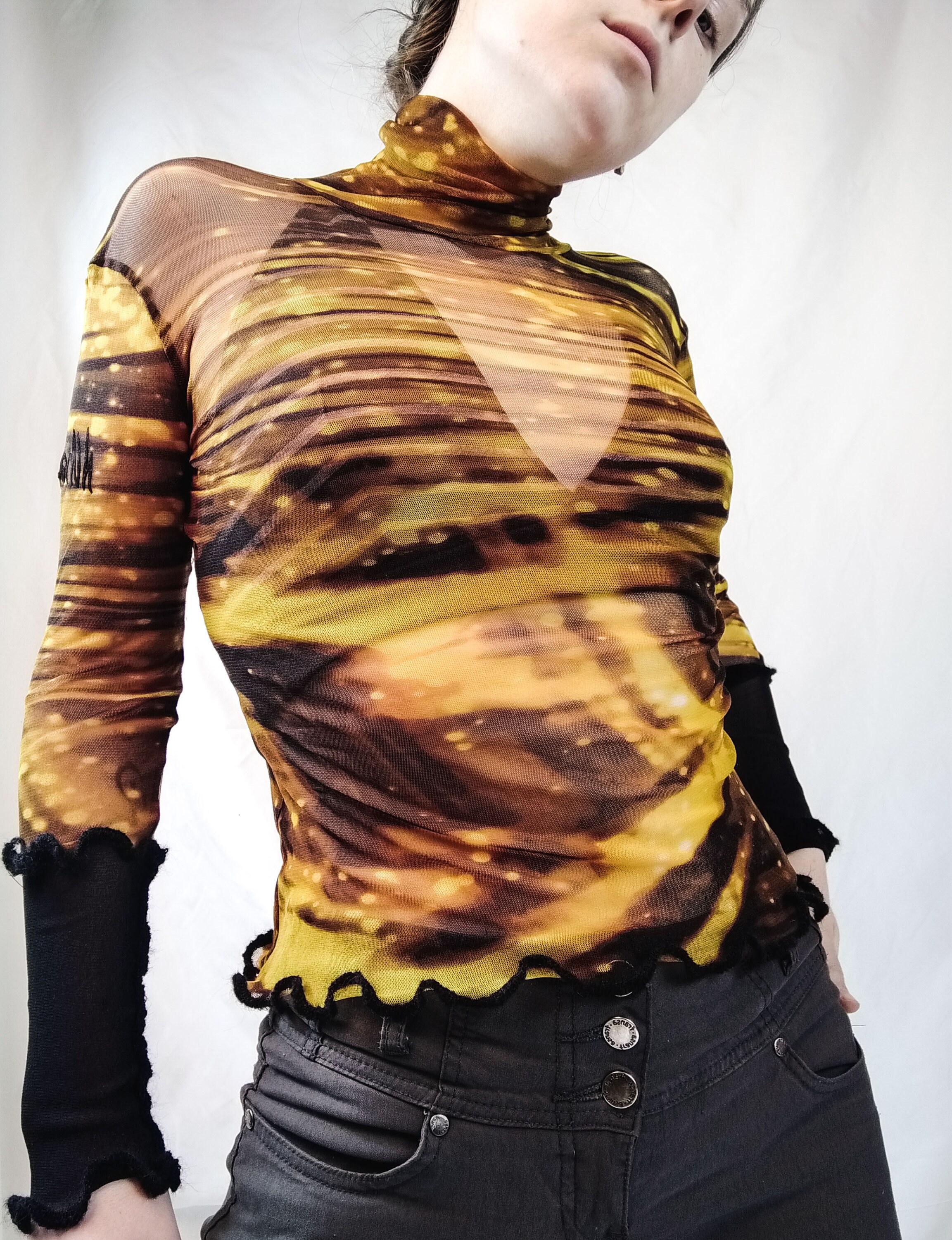 Y2k Cosmic Print Sheer Mesh Top Deconstructed Lettuce Hem Y2k Cosmic Print Sheer Mesh Top Deconstructed Lettuce Hem