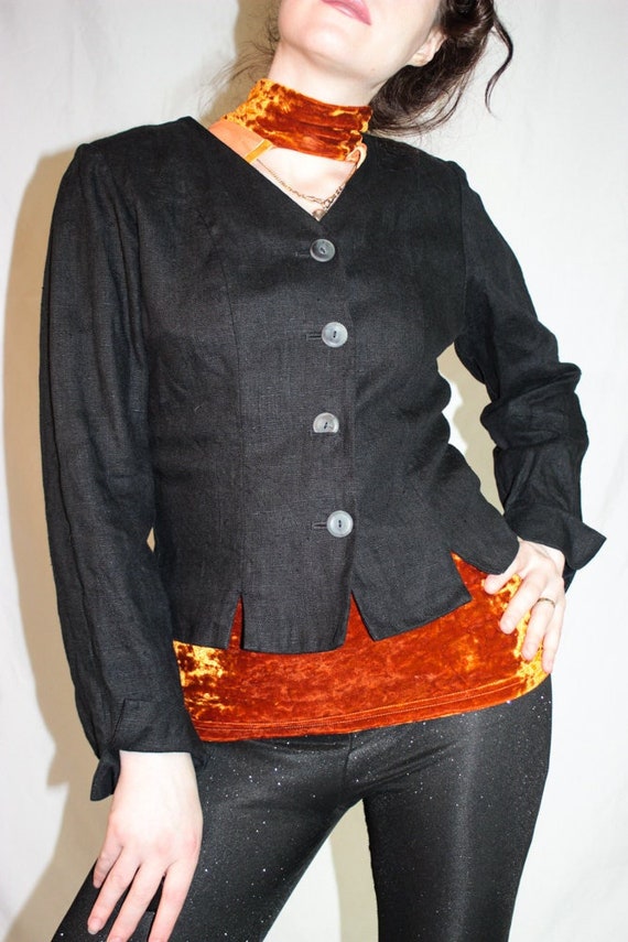 Vintage black linen blazer short linen jacket mini