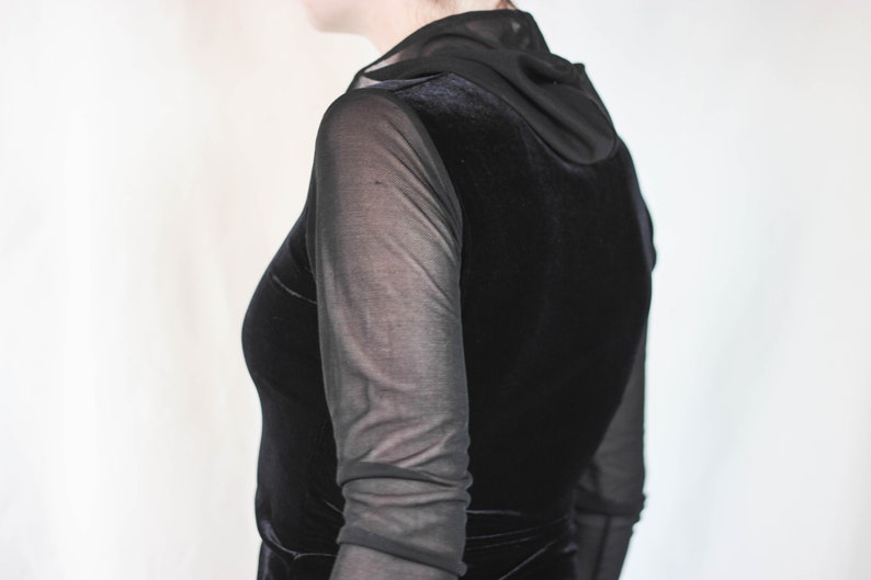 90s Black Velvet And Mesh Combo Top Hooded Goth Top Black Velvet Blouse Sheer Sleeve Gothic Top Dark Style Top Sheer Hooded Stretchy Velvet