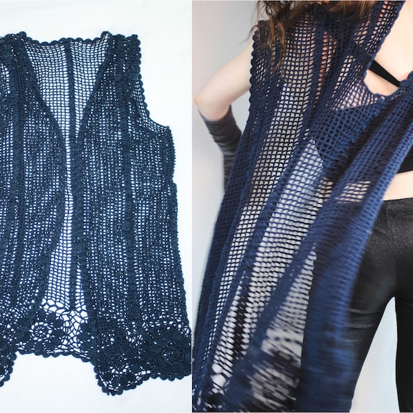 y2k whimsigoth crochet cardigan in dark blue - goblincore dark mori cottagecore sweater handmade crochet jacket sleeveless top