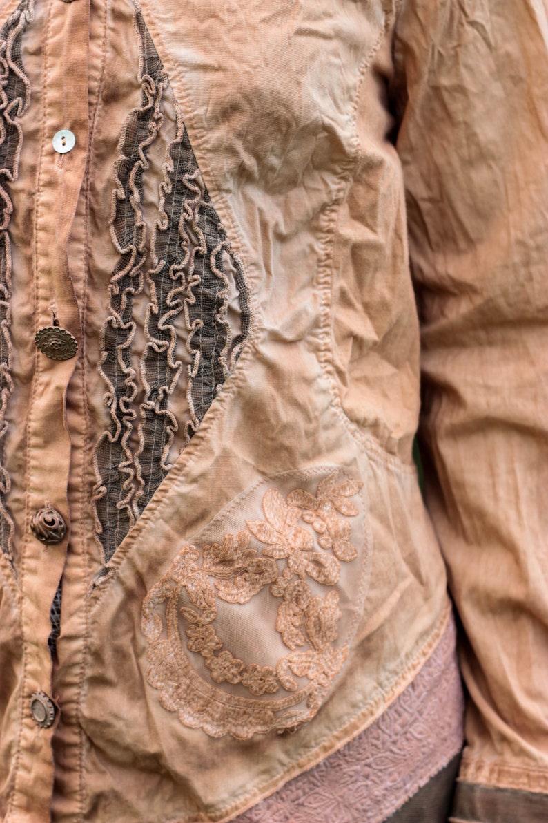 Vintage boho hippie style cotton blouse tea dyed top earthy dusty orange brown top gypsy style top nomad blouse