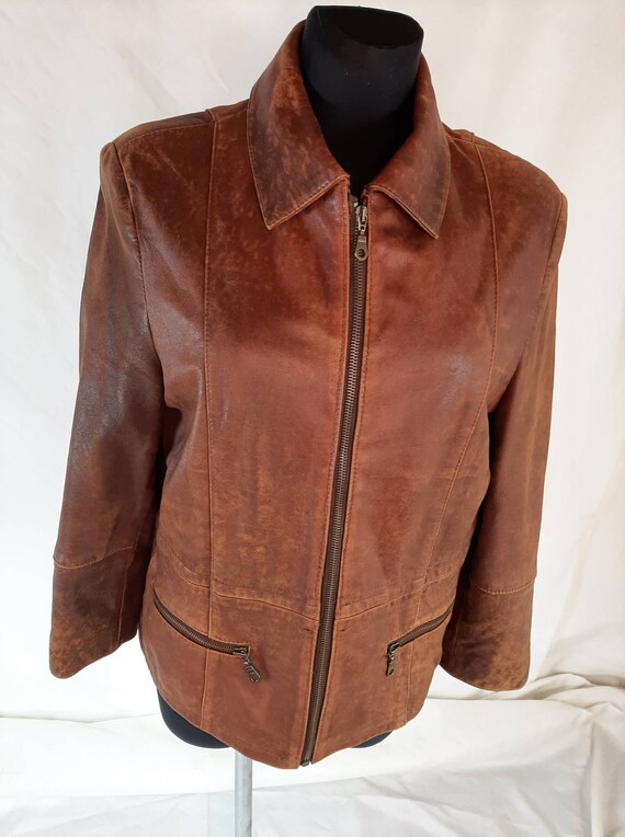 Vintage Leather Jacket With Zipper, Ginger Brown Vintage Vintage Leather Jacket With Zipper, Ginger Brown Vintage