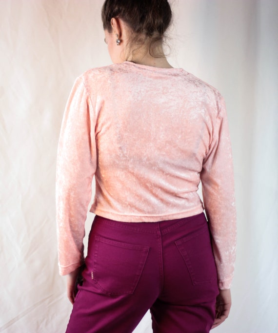 80s peach velvet top button down crop blouse - image 3