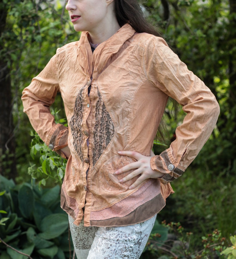 Vintage boho hippie style cotton blouse tea dyed top earthy dusty orange brown top gypsy style top nomad blouse