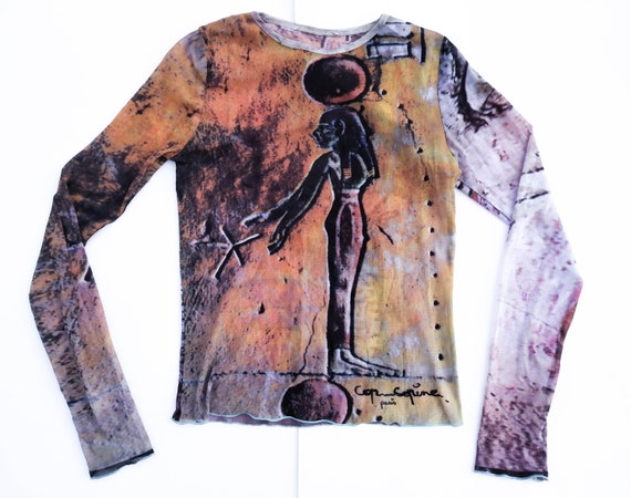 90s mesh top abstract print Egypt print sheer top