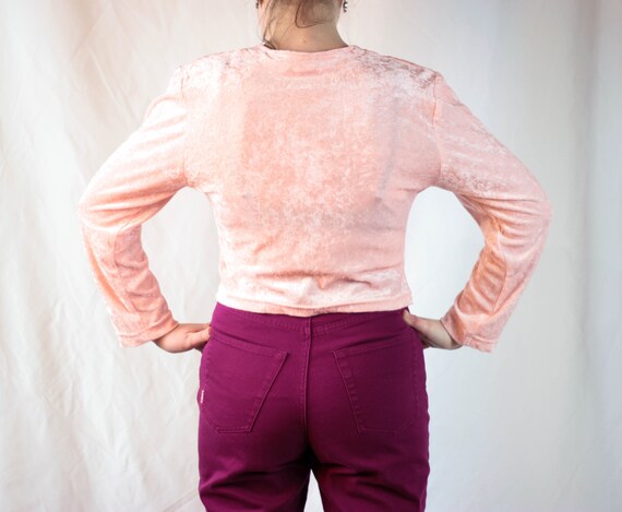 80s peach velvet top button down crop blouse - image 5