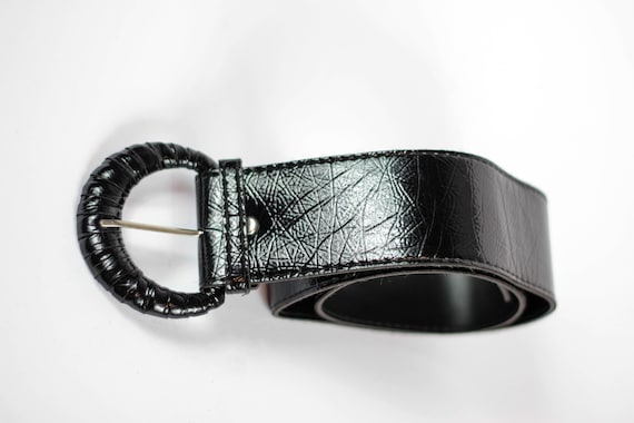 80's Black Wide Leather Belt Faux Leather Belt Fa… - image 1