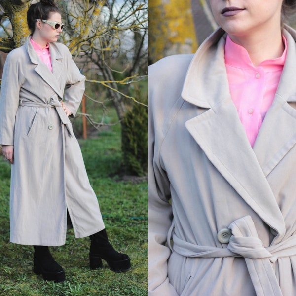 1990s Gray Maxi Cotton Trench Coat Long Tench Coat Elegant Dress Coat Taupe Gray Coat Size M