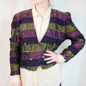 80s ruched taffeta jacket striped purple green jacket double row button jacket boho taffeta jacket