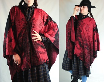 90s Donna Karan wool blend cape cloak shawl knit red black melange wrap dark luxury